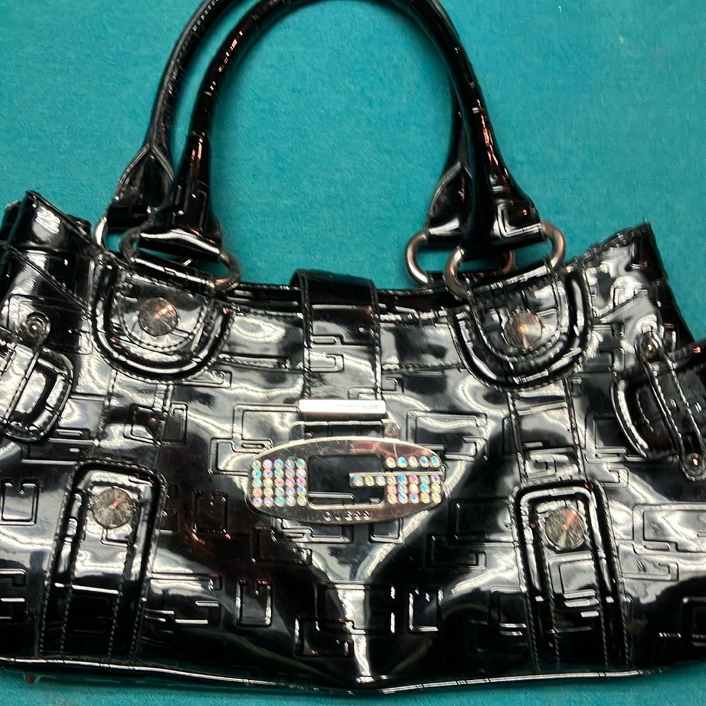 Guess Stylish Black Patent Leather Handbag